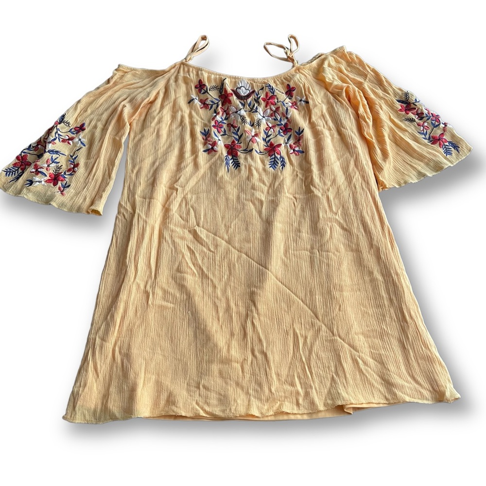 Yellow Floral Gauze Off Shoulder Bell Sleeve Dress/Tunic Sz Large Embroidered